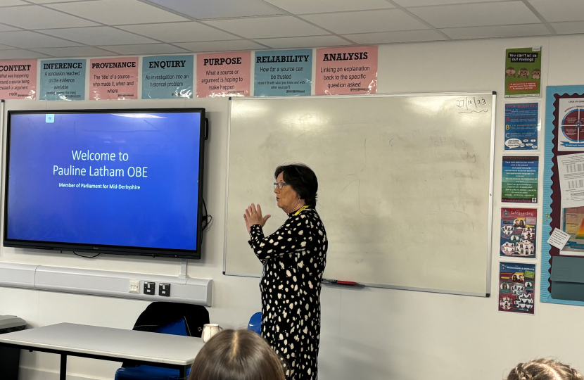 Pauline talks to pupils at The Ecclesbourne School