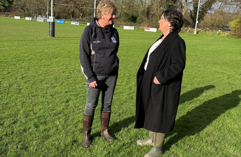 Pauline Latham OBE MP meets Belper Rugby Club chair Jackie Dyer