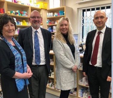 Pauline Latham OBE MP and Ed Scully Deputy Director of GP Policy at the Department for Health visit Wilsons Pharmacy 