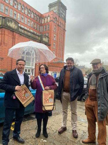 Minister Huddleston and Pauline outside Belper's historic mills